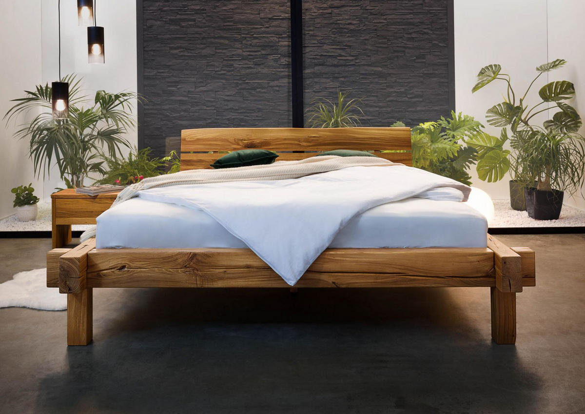 BETT Massivholz Wildeiche 180 x 200 x 85 natur BALKENMÖBEL #712 - Braun, Holz (180/200cm) - Massivmoebel24