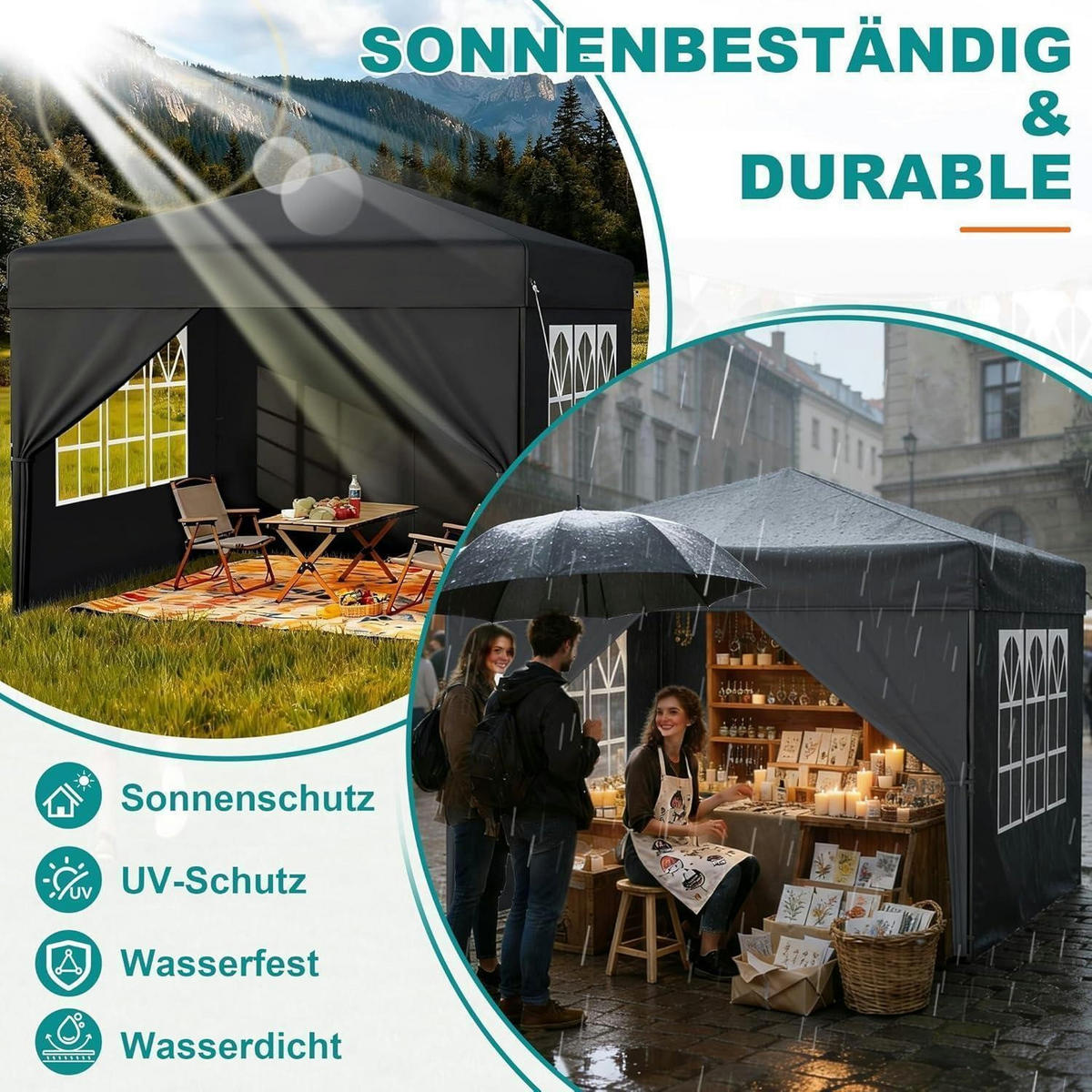 FALTPAVILLON 300 x 300 cm Anthrazit mit Seitenwänden - Anthrazit, Textil (300/260/300cm)