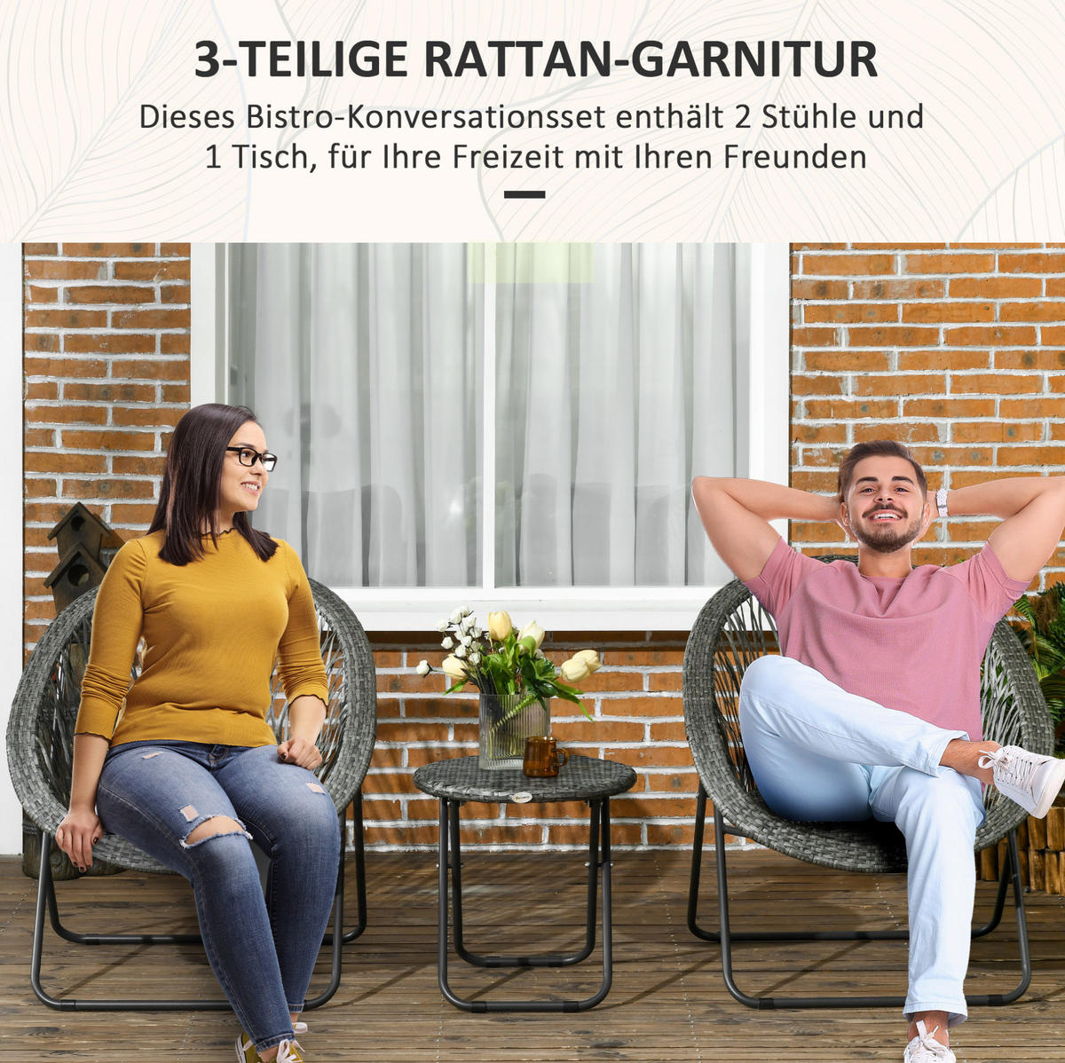 GARTENGARNITUR aus Rattan 77x76x78 cm Grau klappbar mit 2 Stühlen und rundem Tisch - Grau, Naturmaterialen - Modfu
