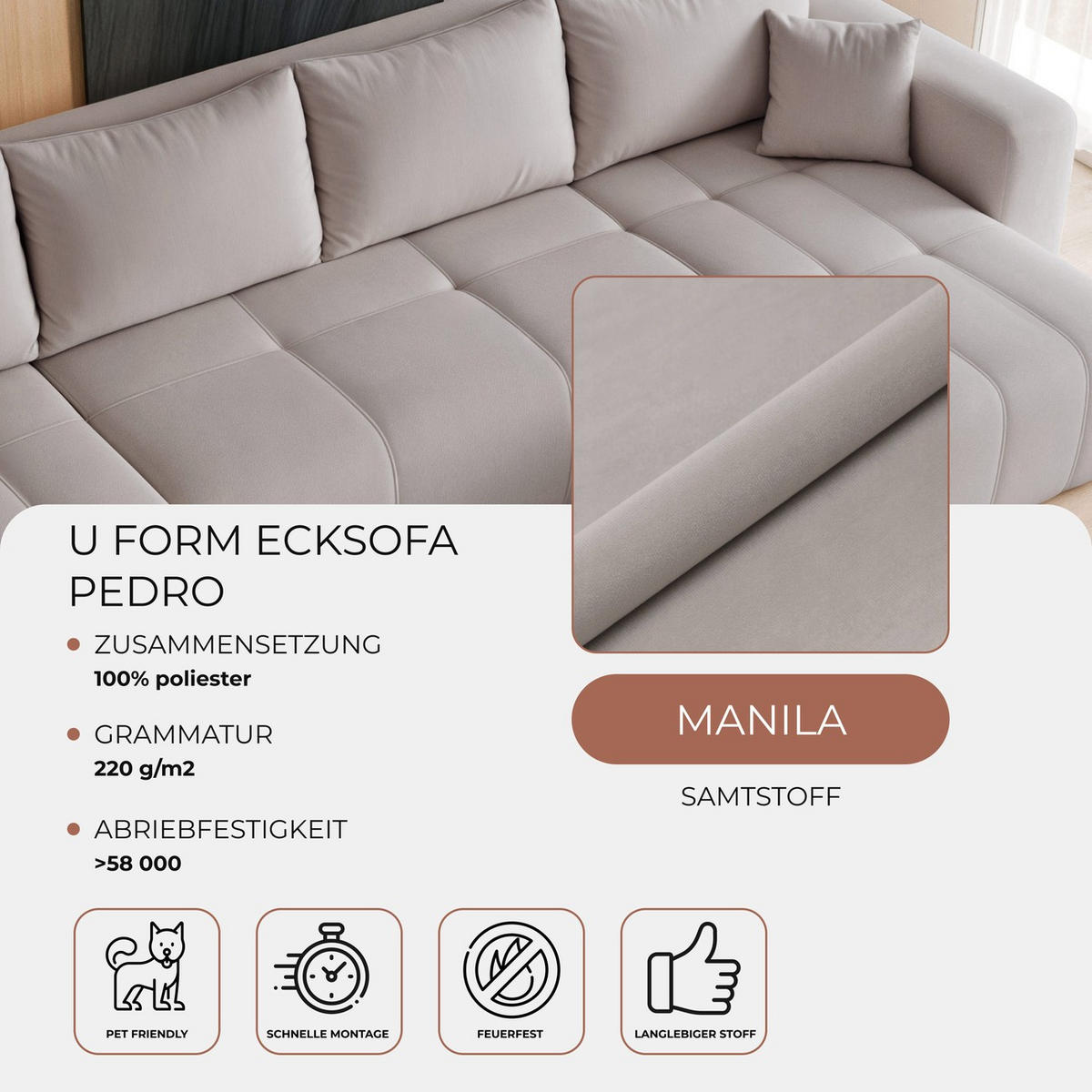 WOHNLANDSCHAFT U-Form Velours mit Bettkasten und Schlaffunktion - Grau, Holzwerkstoff/Textil (318/79/145cm) - Idohome