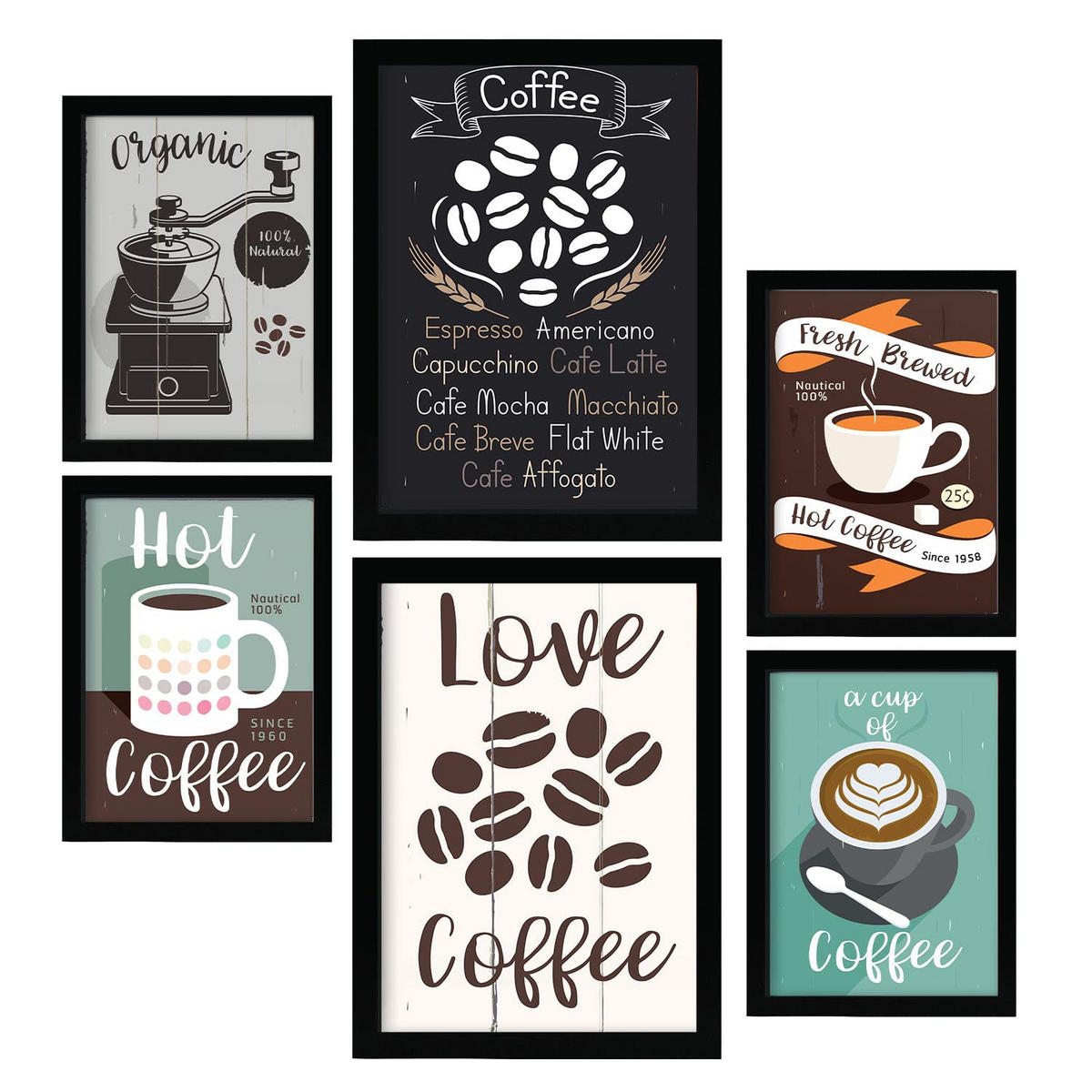 POSTER Set Mit 6 Kaffee Größe A3 & A4 Schwarzer Rahmen - Schwarz, Papier (29.7/1cm) - Nacnic