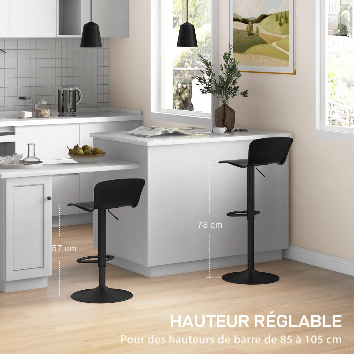 BARHOCKER 2er-Set DE-14772 höhenverstellbar mit Rückenlehne und Fußstütze Schwarz - Schwarz, Metall (38.5/97.5/40cm) - ComfortXL