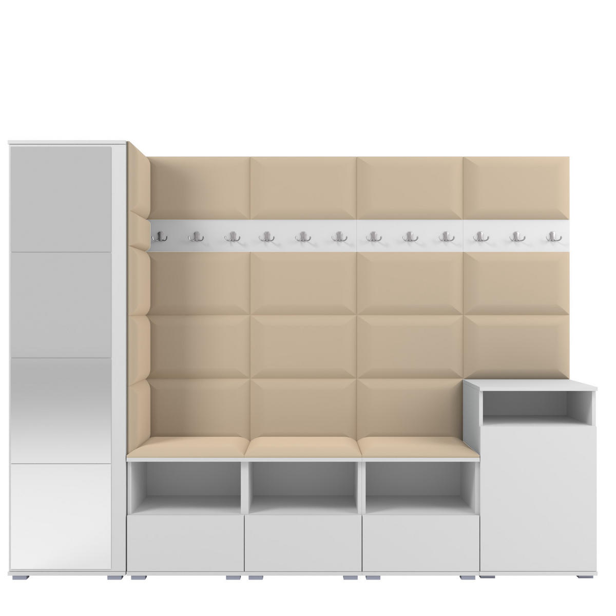 GARDEROBE NELA XI 250 cm (Modulare Flurmöbel Weiß mit Spiegel & Sitzpolster Beige 04 Großes Set) - Beige/Silberfarben, Holz/Holzwerkstoff (250/187/40cm) - Ravio