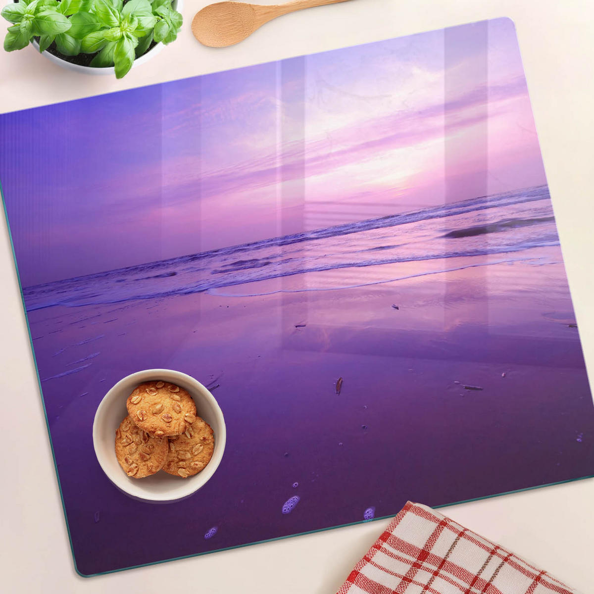GLASPLATTE 60x52 cm Sonnenuntergang über dem Meer - Lila, Glas (60/0.4/52cm) - TULUP