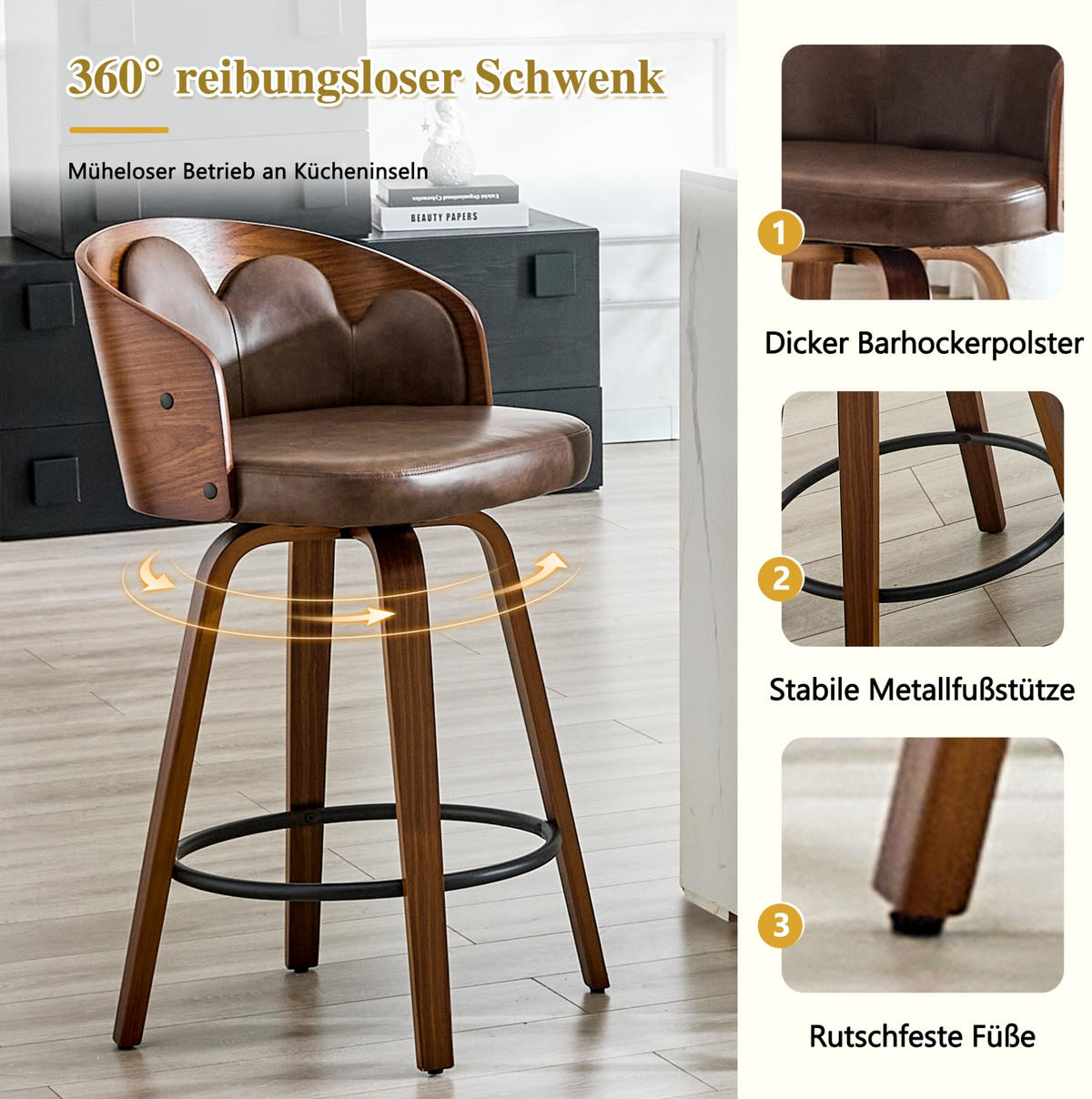BARHOCKER 2er-Set mit Blüten-Rückenlehne Braun - Braun, Holz (41.5/89/46.5cm) - Meubliv
