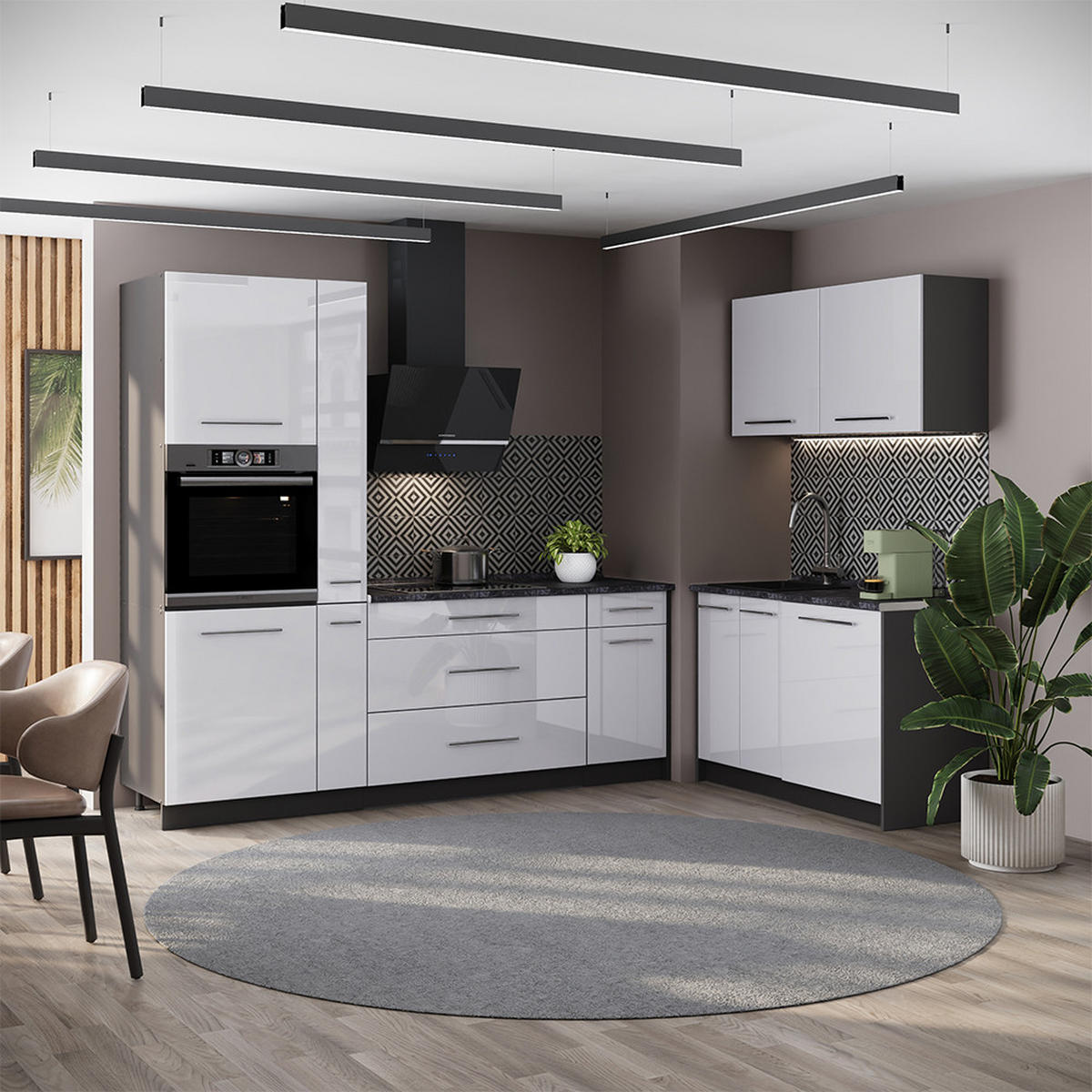 KÜCHENZEILE Fame-Line, Weiß Hochglanz/Anthrazit, 220 x 120 cm, AP Anthrazit - Weiß Hochglanz/Anthrazit, Holzwerkstoff (220/206.8/60cm) - Vicco