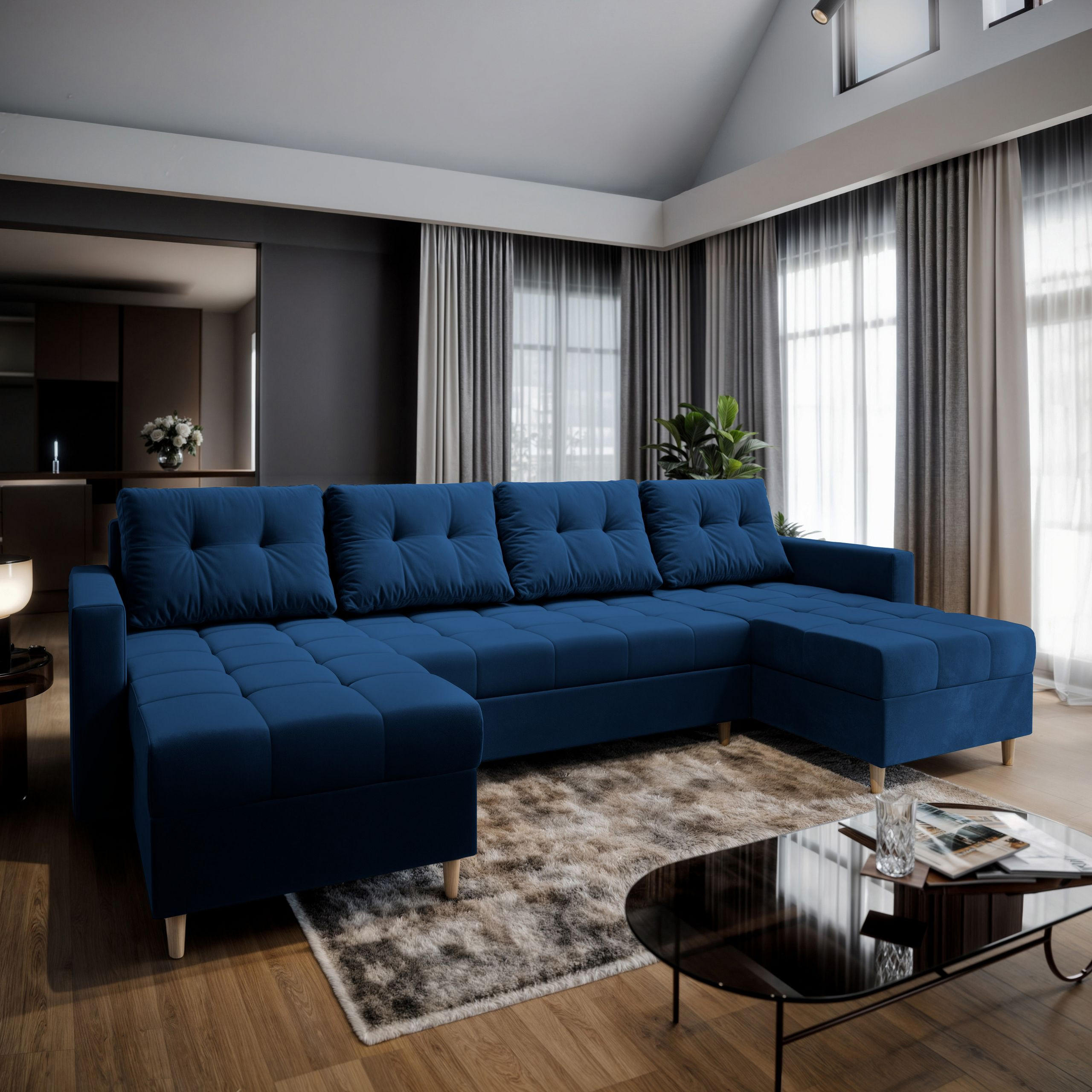 WOHNLANDSCHAFT MILO U Blau Plüsch-Stoff mit Schlaffunktion - Blau, Holz (285/91/140cm) - MASSENO