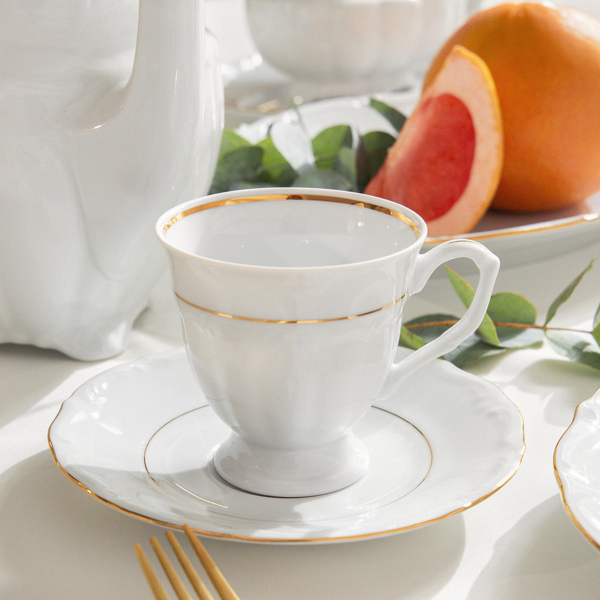 KAFFEESERVICE Chodziez MARIA TERESA 39-tlg Porzellan mit Goldrand, Weiß / Gold - Goldfarben/Weiß, Keramik (8/8/8cm) - KONSIMO®