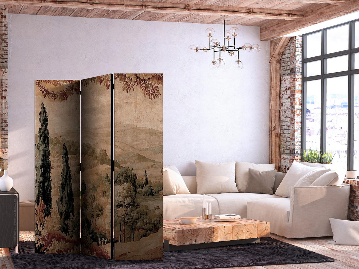 PARAVENT Einseitig Bedruckter 3-tlg 135x172 cm Retro Landschaft - Multicolor, Holz/Textil (135/172/3cm) - Muralo