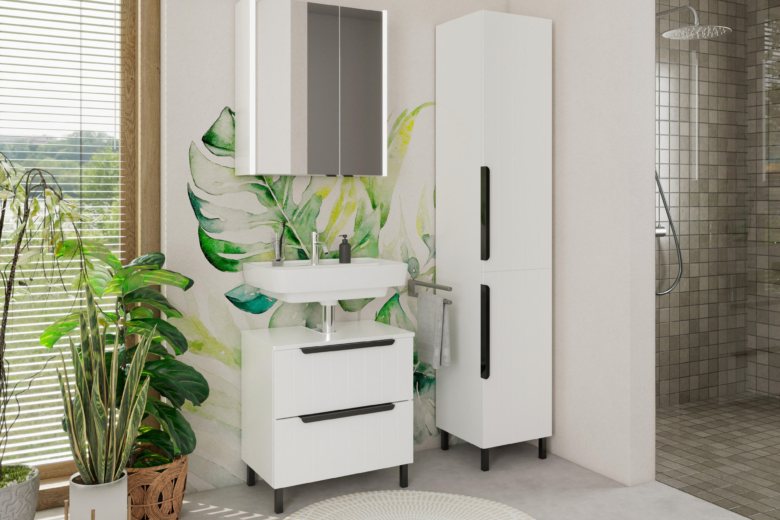 Badezimmer mit Waschbecken und Schränken, die eine moderne und funktionale Einrichtung zeigen