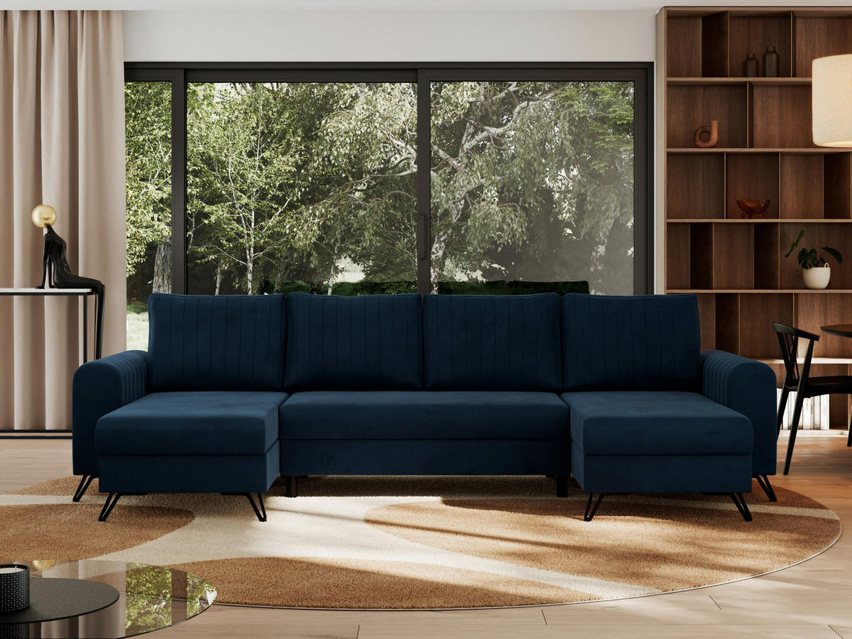 WOHNLANDSCHAFT AXEL U Velvet Dunkelblau - Blau/Schwarz, Textil/Metall (312/90/140cm) - MKS