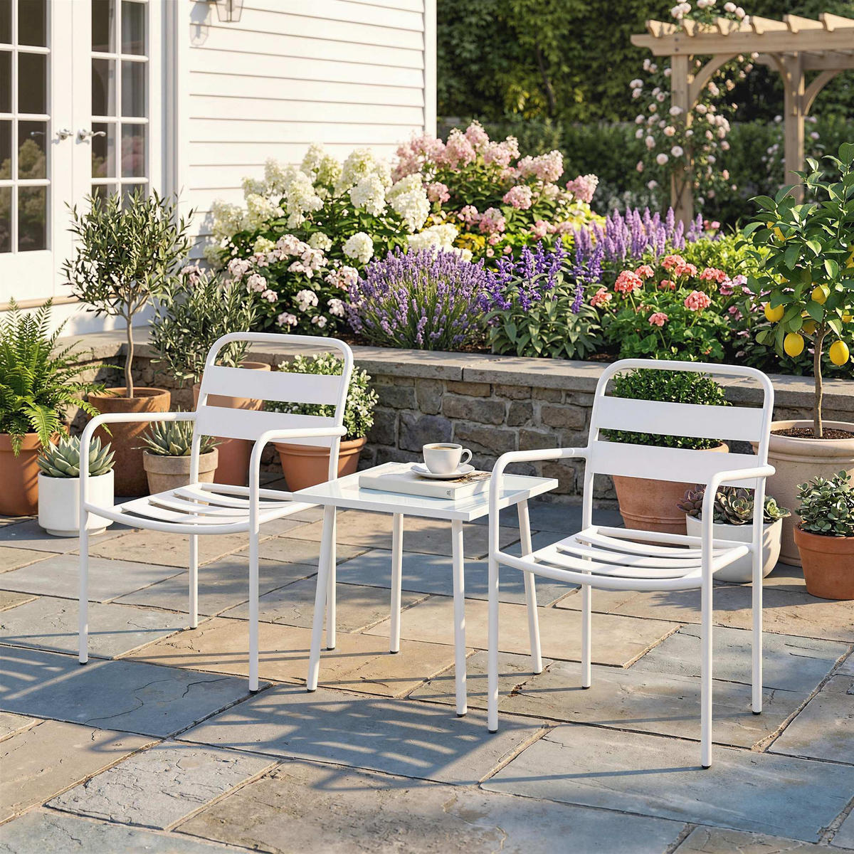 BISTRO-SET 3er Set Galvanisierter-Stahl Gehärtetes-Glas Weiß - Weiß, Metall - Outsunny
