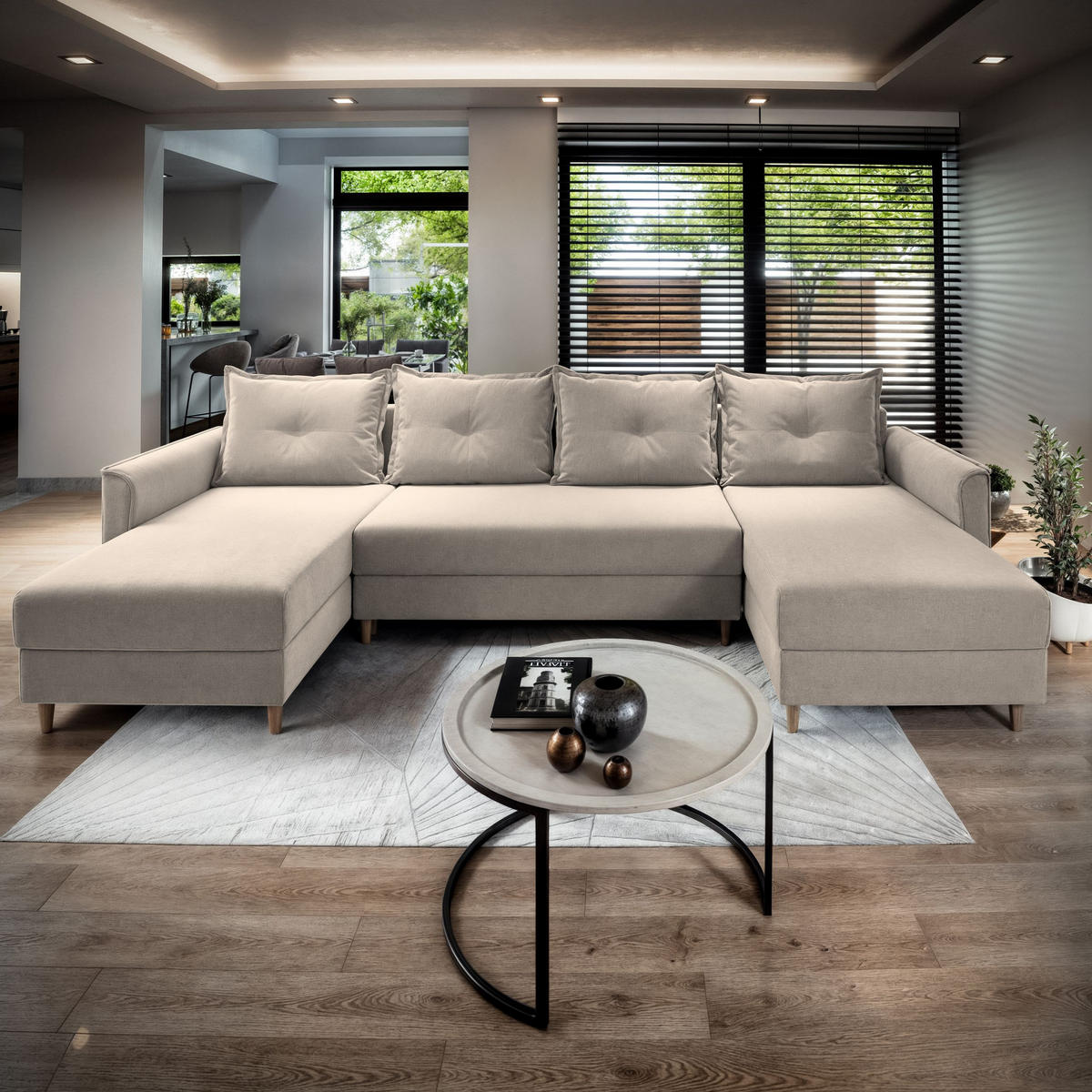 WOHNLANDSCHAFT VERNI Beige Plüsch-Stoff mit Schlaffunktion - Beige, Holz (285/91/143cm) - MASSENO