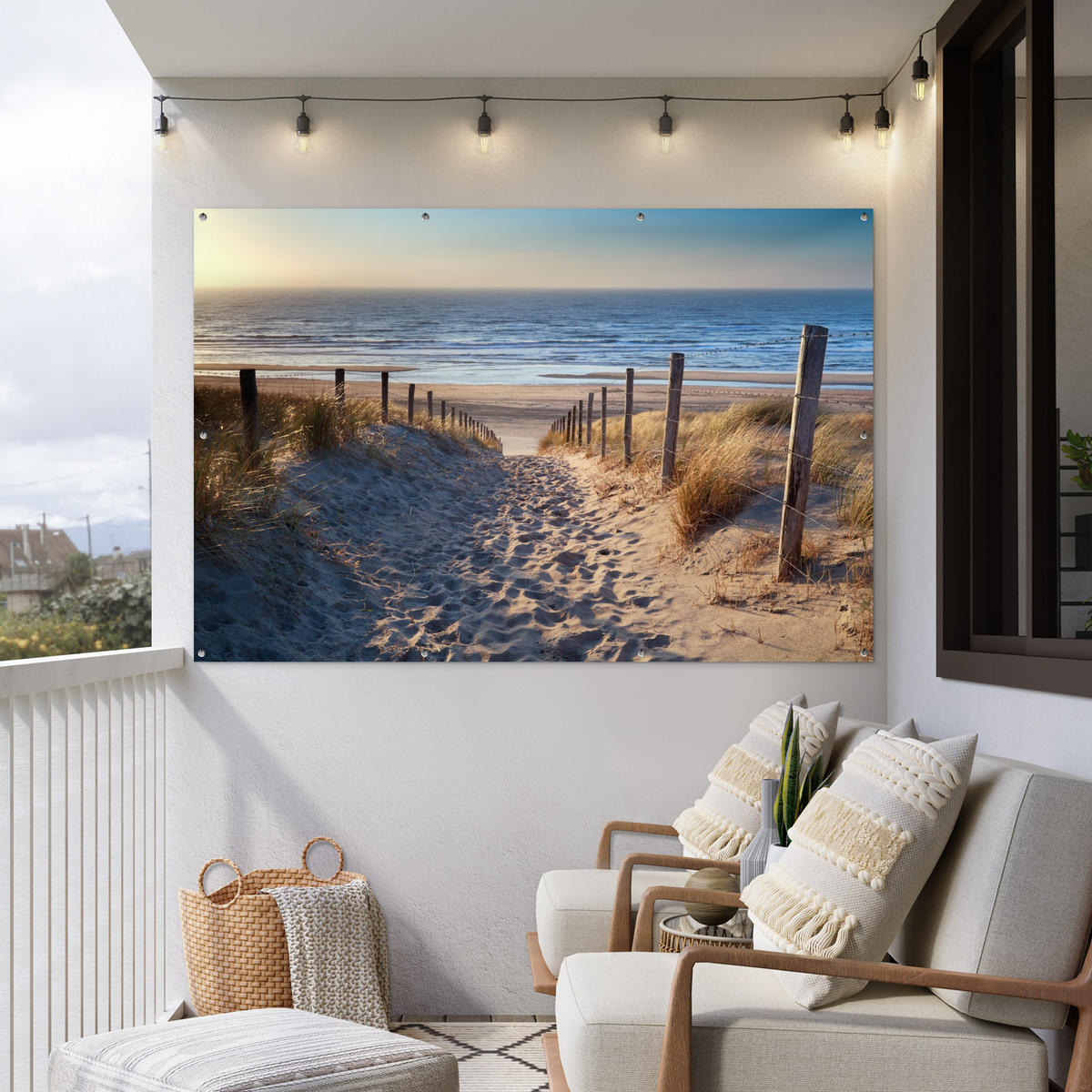 ZAHRADNÍ PLAKÁT Pláž - moře - Nizozemsko - duny - slunce 180x120 cm - písková barva, plast (180/120/0.2cm) - OnlyWow
