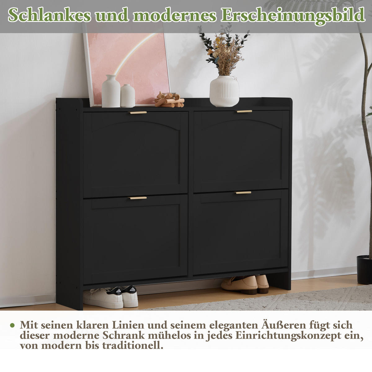 SCHUHSCHRANK Modern 4 Fächer Schwarz 110x24x90cm - Schwarz, Holzwerkstoff (24/90/110cm) - FLIEKS