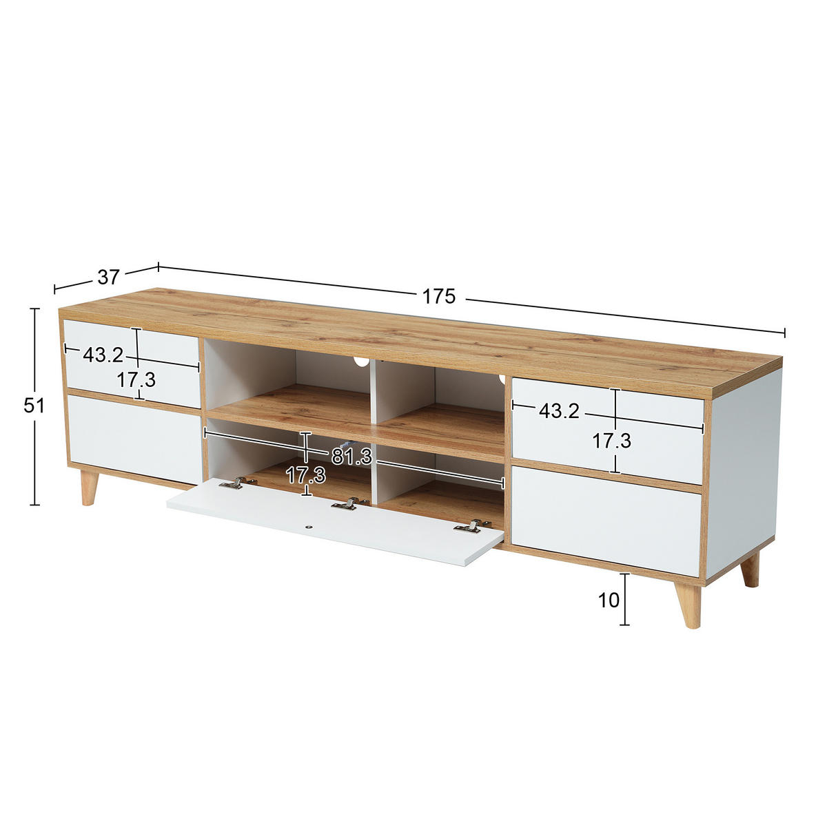 LOWBOARD 175/37/51 cm aus MDF mit 4 Türen und Holzfüßen Weiß - Naturfarben, Holzwerkstoff (175/51/37cm) - Modenvie
