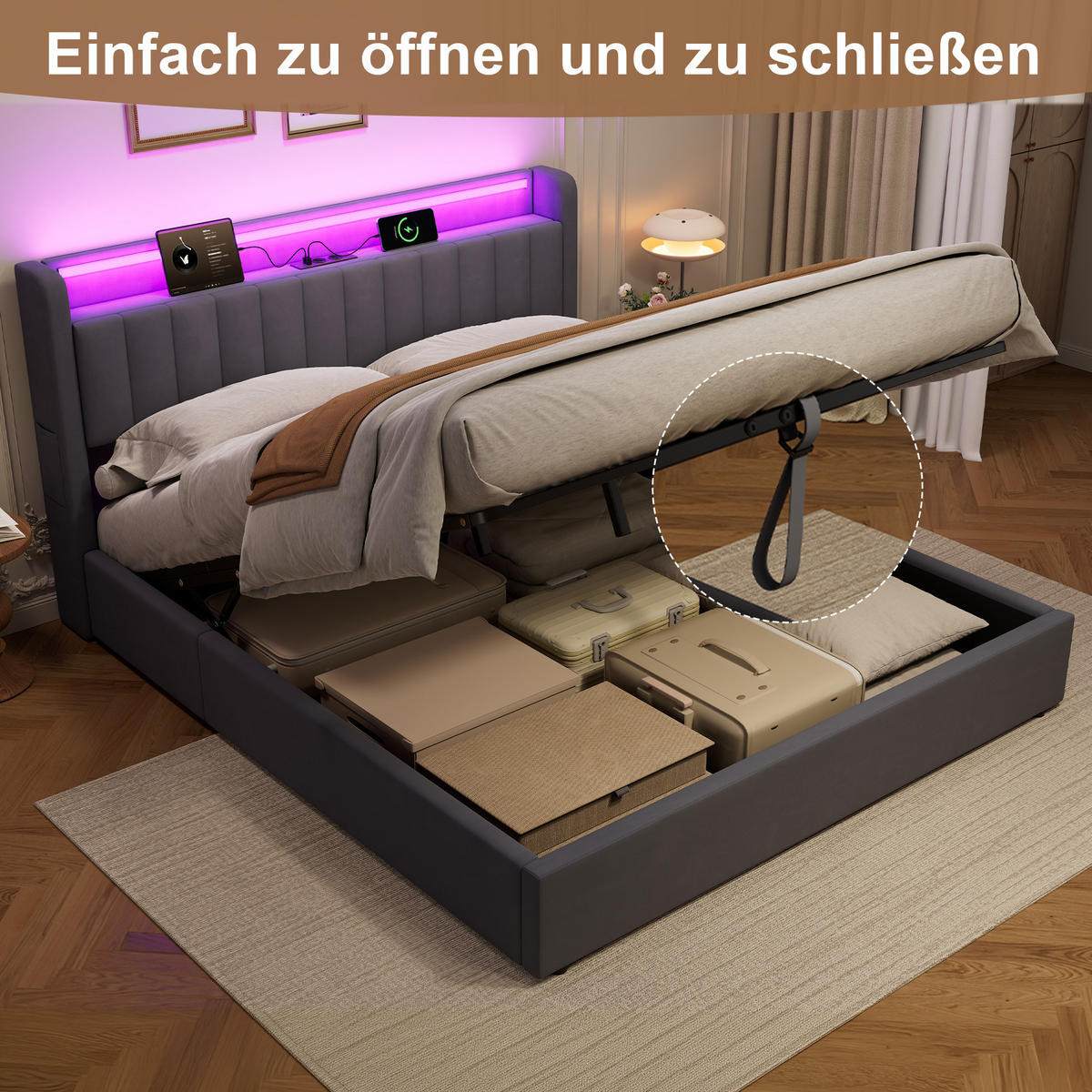 POLSTERBETT 180/200 cm in Grau, mit Bettkasten, Matratze, Stauraum, USB und LED Beleuchtung - Grau, Holzwerkstoff/Textil (180/200cm) - WISHDOR