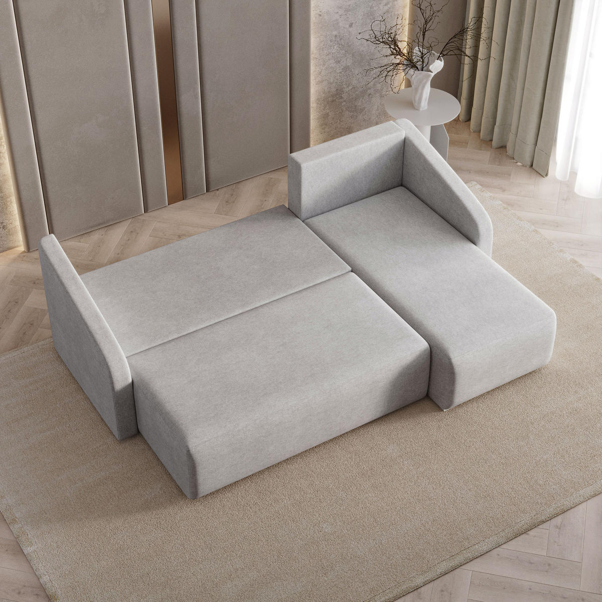 ECKSOFA MARELLO Hellgrau Geflochtener Stoff mit Schlaffunktion - Hellgrau, Holz (220/143cm) - MASSENO