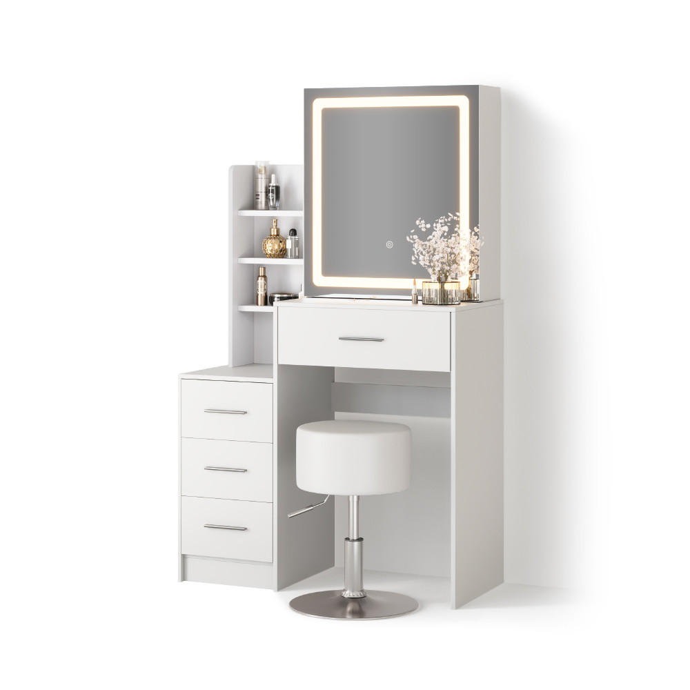SCHMINKTISCH Monza Weiß mit LED-Spiegel und Hocker - Weiß, Holzwerkstoff (80/131.6/36cm) - Livinity®