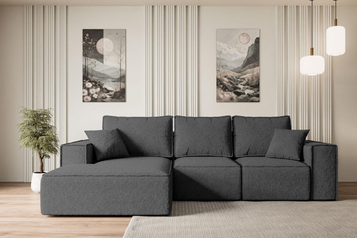ECKSOFA mit Schlaffunktion und Bettkasten SERRA-L-S - 266x161x87 cm Grau Bouclé - Schwarz/Grau, Holzwerkstoff/Kunststoff (266/161cm) - ALTDECOR