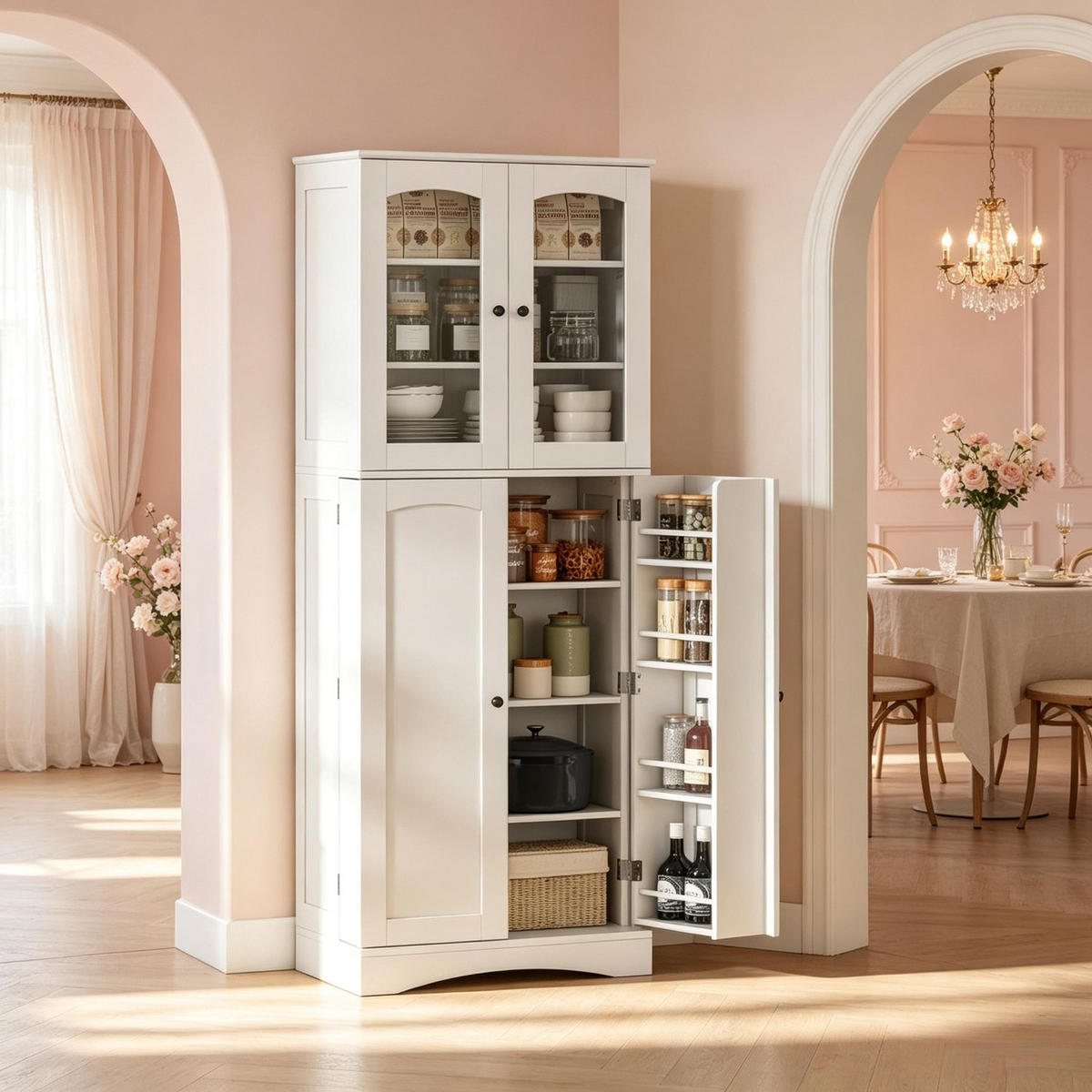 KÜCHENSCHRANK Vitrinenschrank mit Acryltüren, 60/162/40 cm, MDF, Weiß, VERSTELLBARE EINLEGEBÖDEN, für Küche und Esszimmer - Weiß, Holzwerkstoff (40/162/60cm) - Rolipo