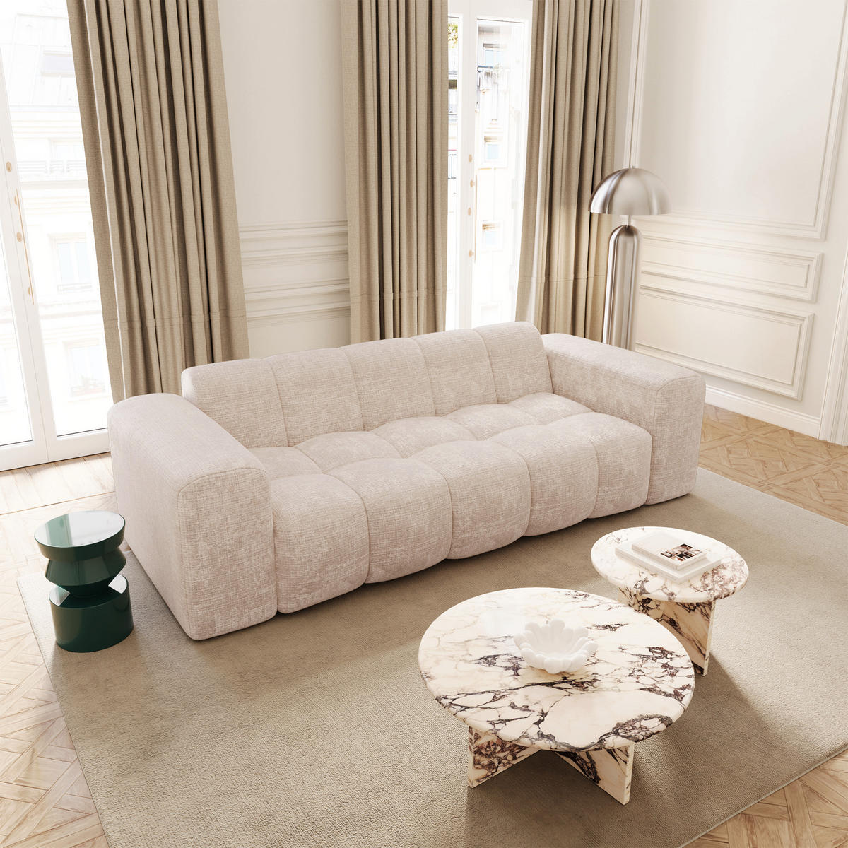 SOFA BLOOM Geprägter Samt Creme 241cm - Creme, Textil (241/69.5/94cm) - Premium Interiors