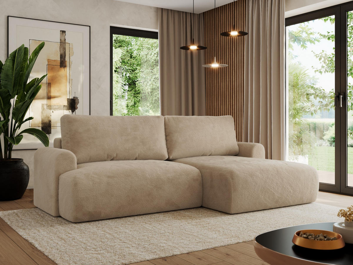 ECKSCHLAFSOFA TONO L Beige Plüsch - rechts - Beige/Schwarz, Kunststoff/Textil (150/260cm) - MKS