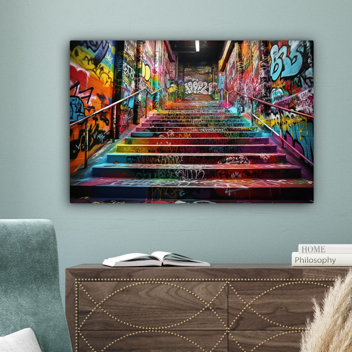 LEINWANDBILD Treppe - Graffiti - Farben - Kunst XXL 150x100 cm - Multicolor, Textil (150/100cm) - MuchoWow