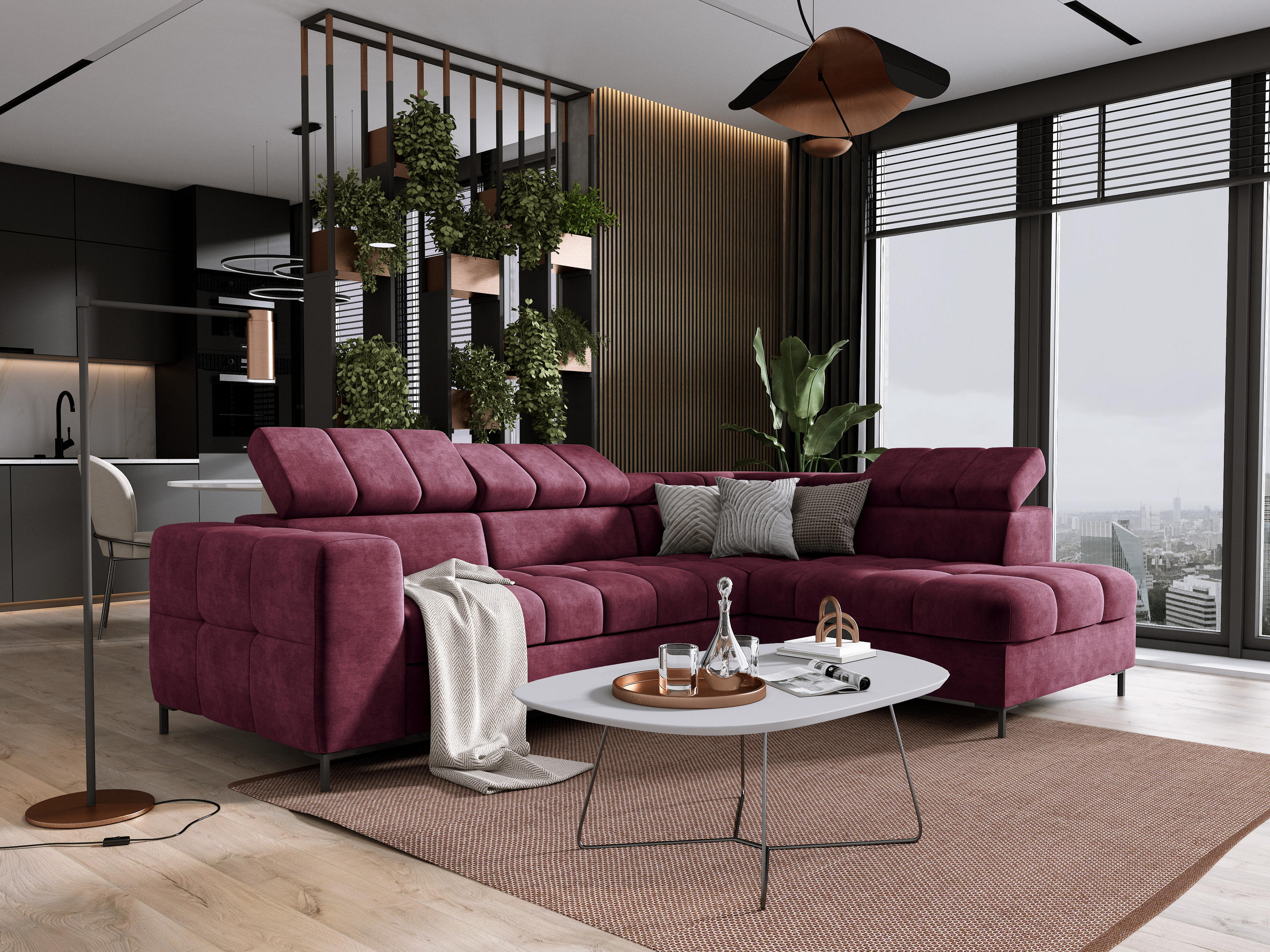 ECKSOFA PABLOS Cloud, L-förmig, Moderne, mit verstellbarem Kopfteil, Schlaf- & Lagermöglichkeiten, freistehend, RECHTS 279x201x97 cm Dark red - Dunkelrot, Holz/Textil (279/201cm) - DomoHome