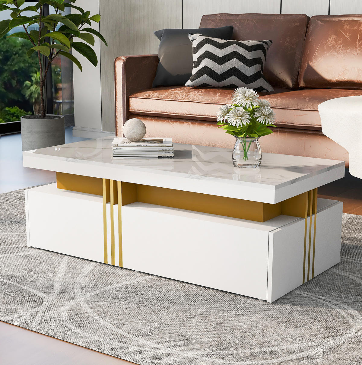 COUCHTISCH 100/50/40 cm in Weiß mit 2 Schubladen und Hochglanz-Tischplatte - Weiß, Holzwerkstoff (100/50/40cm) - Flora Grace