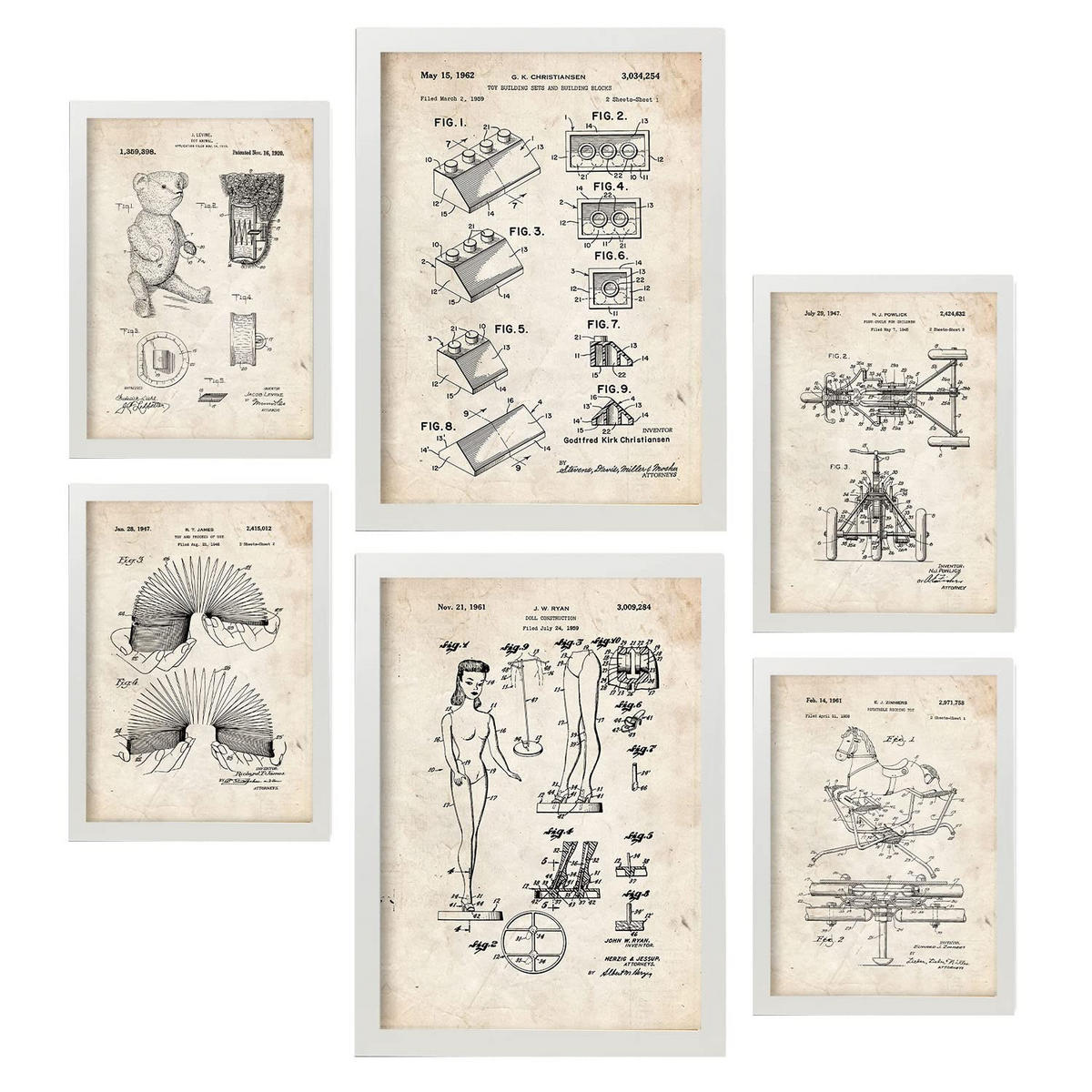 POSTER Set Mit 6 Plakaten Mit Spielzeuge Patenten Im Vintage Stil A3 & A4 Weißer Rahmen - Weiß, Papier (29/3cm) - Nacnic