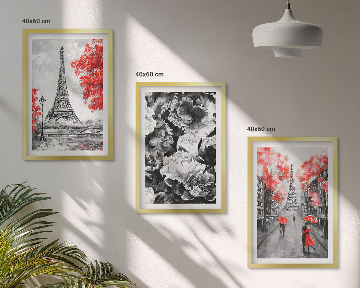 BILDER SET 3er Set - 40x60 cm Goldrahmen - graue Gemälde des Eiffelturms - Goldfarben, Kunststoff (40/60cm) - TULUP