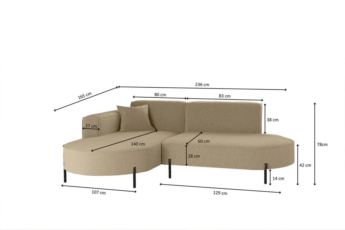 ECKSOFA L-Form Designer Modena Rein Stoff Quelle Hellbraun Links - Hellbraun, Holz/Textil (165/236cm) - Kaiser Möbel