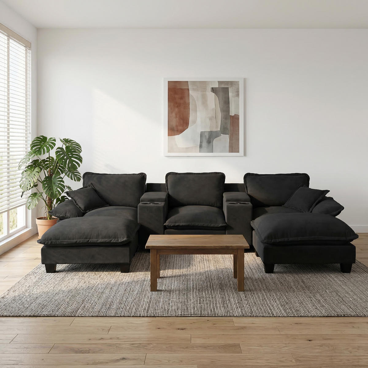 WOHNLANDSCHAFT Schwarz 323/151/90 cm 5-Sitzer mit Stauraum & USB - Schwarz, Textil (323/90/151cm) - PANGIVO