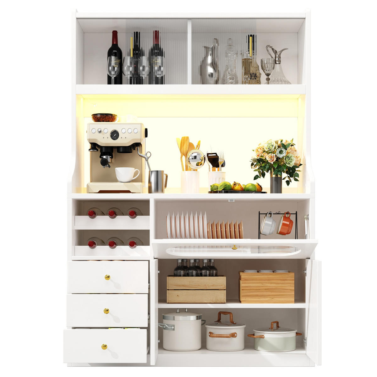 KÜCHENSCHRANK120/180/40 cm, MDF, Weiß, MIT RGB-LED BELEUCHTUNG, Glasschiebetüren und Weinregal, für Küche und Esszimmer - Weiß, Holzwerkstoff (40/180/120cm) - Rolipo