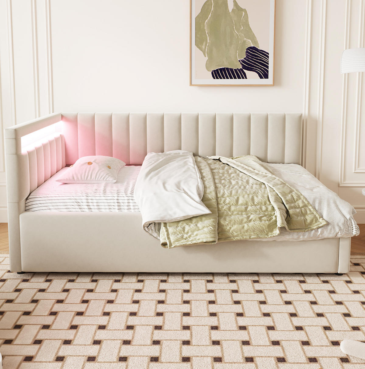 POLSTERBETT mit LED-Beleuchtung 90/200 cm mit Bettkasten in Beige - Beige, Textil (90/200cm) - BEAOK