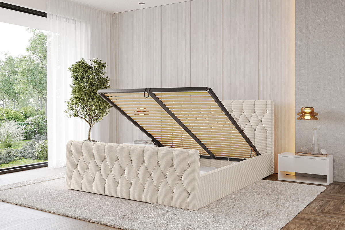 POLSTERBETT mit Bettkasten, Fußteil und Lattenrost, Boxbett mit Matratze H3/H4 - RENO-Z 140x200 Beige - Creme, Holzwerkstoff/Textil (140/200cm) - ALTDECOR