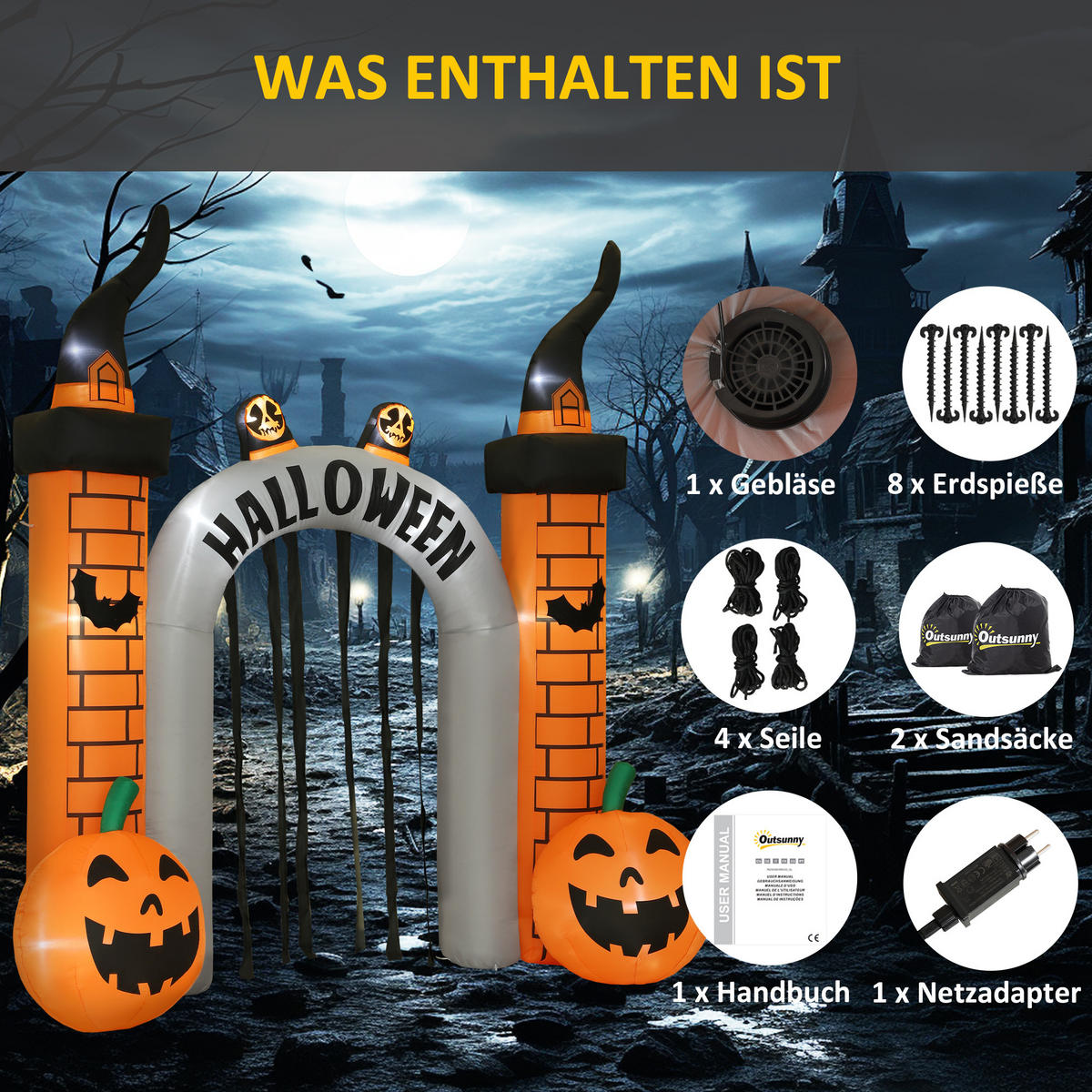 AUFBLASBARER Halloween Torbogen 3 m mit LED Geisterkürbis Gebläse für Hof Rasen - Orange, Textil (105/322/325cm) - Outsunny