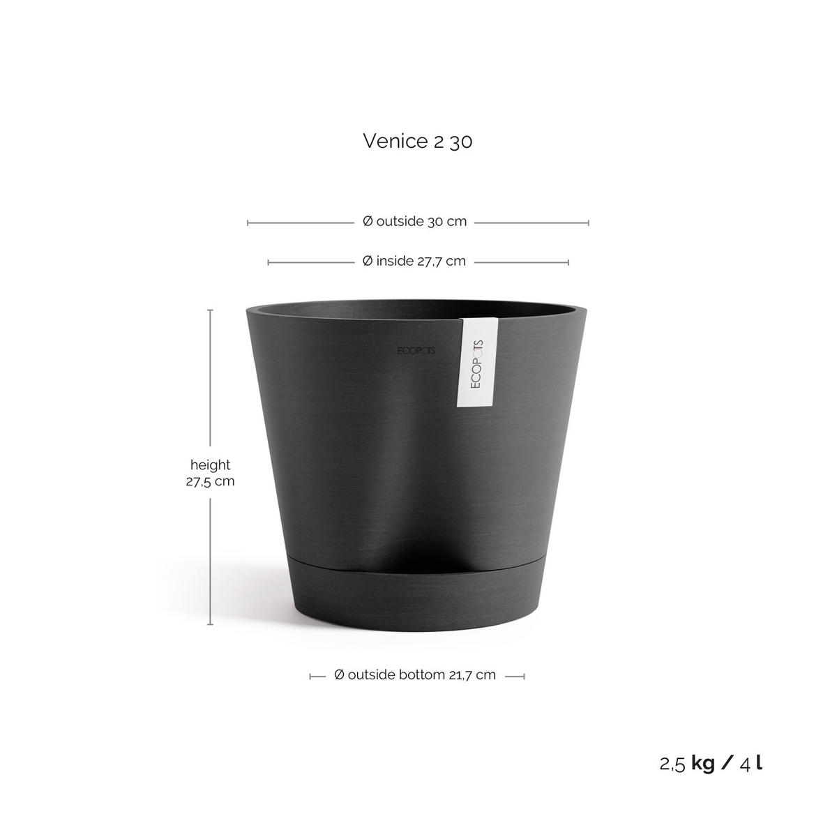 BLUMENTOPF Venice 30/27,5 cm Dunkelgrau - Dunkelgrau, Kunststoff (30/27.5cm) - Ecopots