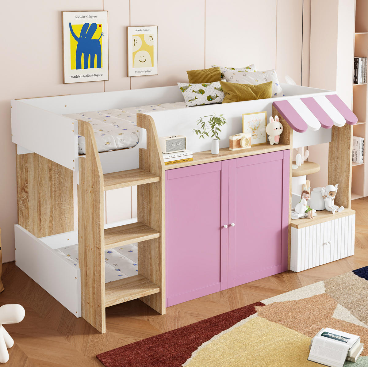 HOCHBETT 90/200 cm mit Stauraum in Rosa und Weiß aus Holz - Rosa, Holzwerkstoff (90/200cm) - OKWISH