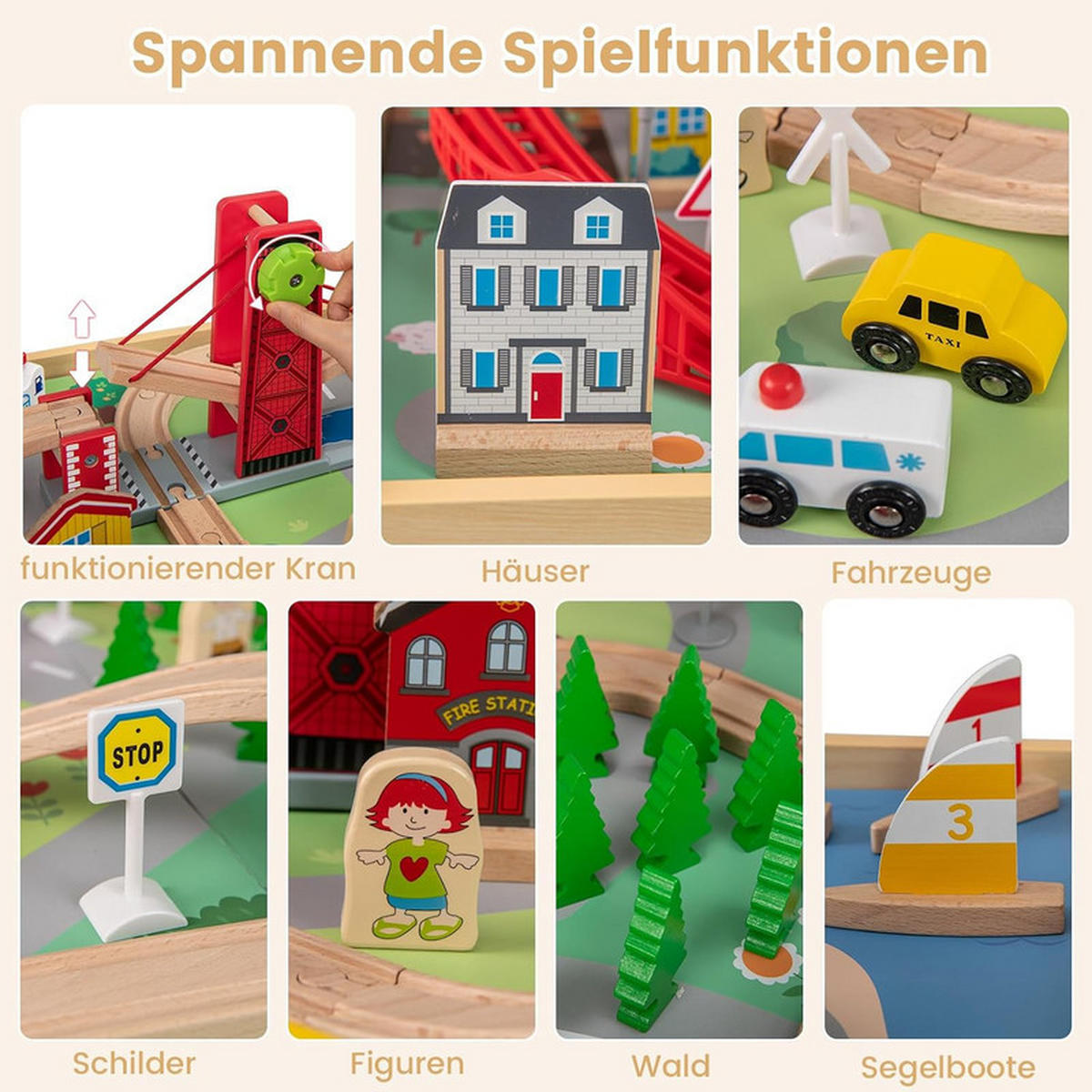 EISENBAHN‑SET aus Holz natur(94-tlg) - Naturfarben, Holzwerkstoff (92/40/64cm) - COSTWAY