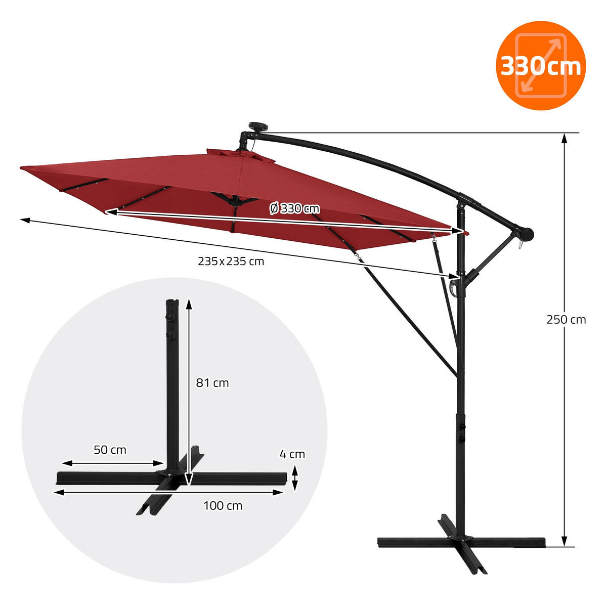 AMPELSCHIRM Ø 330 cm in Rot aus Aluminium mit LED-Solar - Rot, Metall (330/330cm) - ML-DESIGN