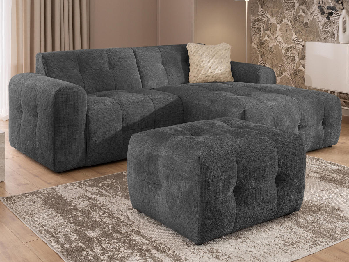 ECKSOFA inkl. Hocker Kozy im Bumpy-Design mit Schlaffunktion und fester Rückenlehne aus weichem Grau Chenille-Stoff - Ottomane rechts - Schwarz/Grau, Holz/Kunststoff (234/161cm) - S-Style Möbel
