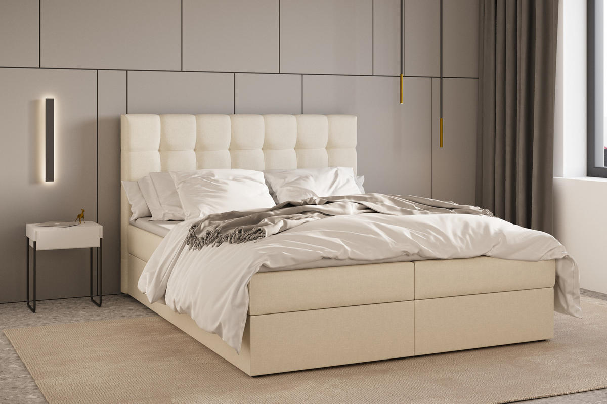 BOXBETT - Bett 05 OSLO - Hugo - 140x200 cm - mit Bettkasten und Waschbarem Topper - Beige, Holz (140/200cm) - ROYAL24_MARKT