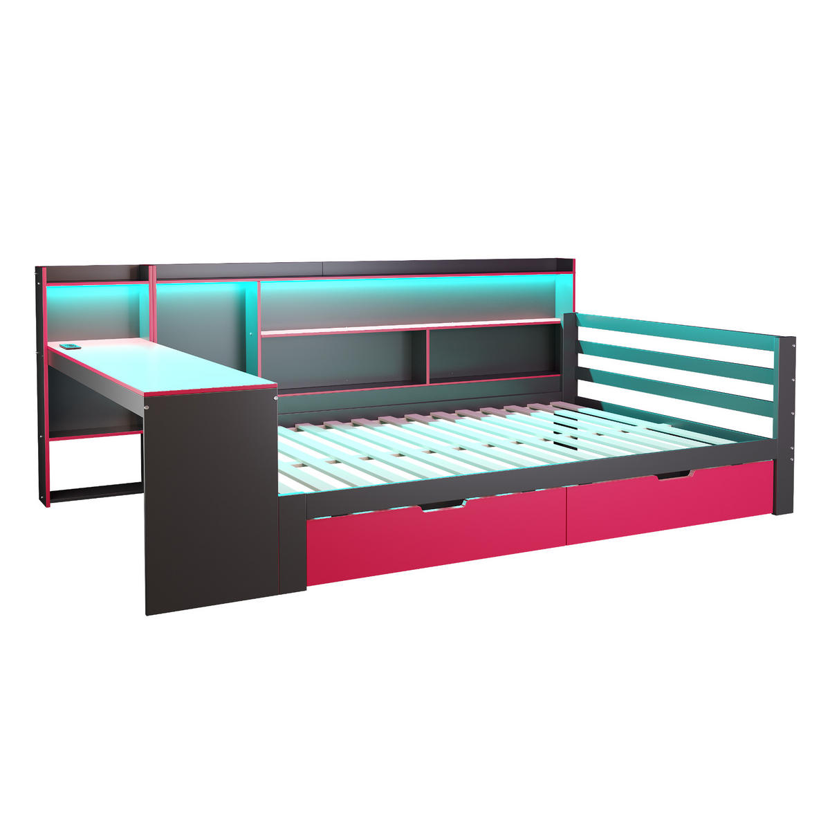 KINDERBETT 140/200 cm DE-01551, in Schwarz + Rot, mit Schreibtisch, Bücherregal und LED - Rot, Holz (140/200cm) - ComfortXL