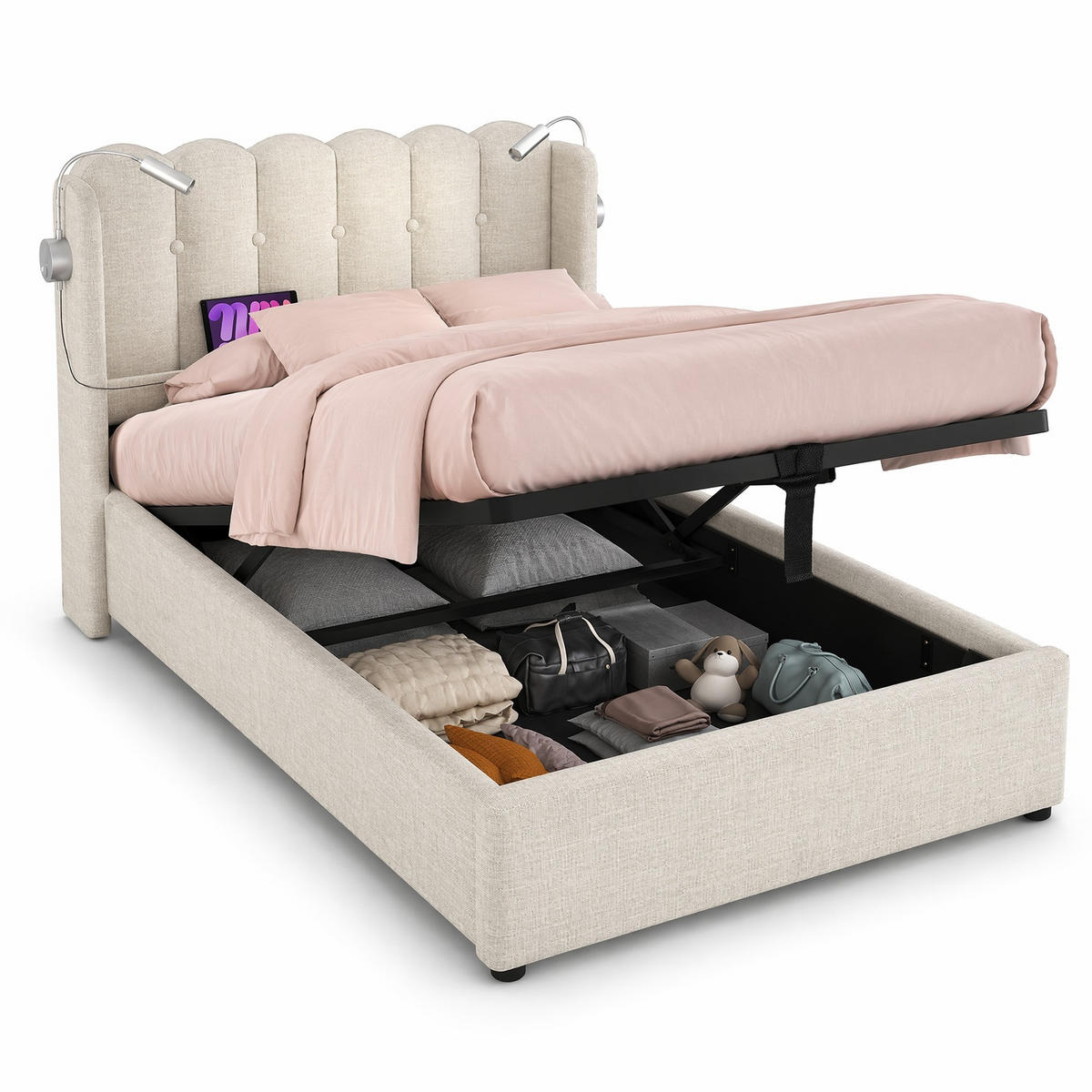 POLSTERBETT 90/200 cm in Natur mit Leselampe, USB und Bettkasten aus Leinenstoff - Naturfarben, Holzwerkstoff/Textil (90/200cm) - CHICFURN