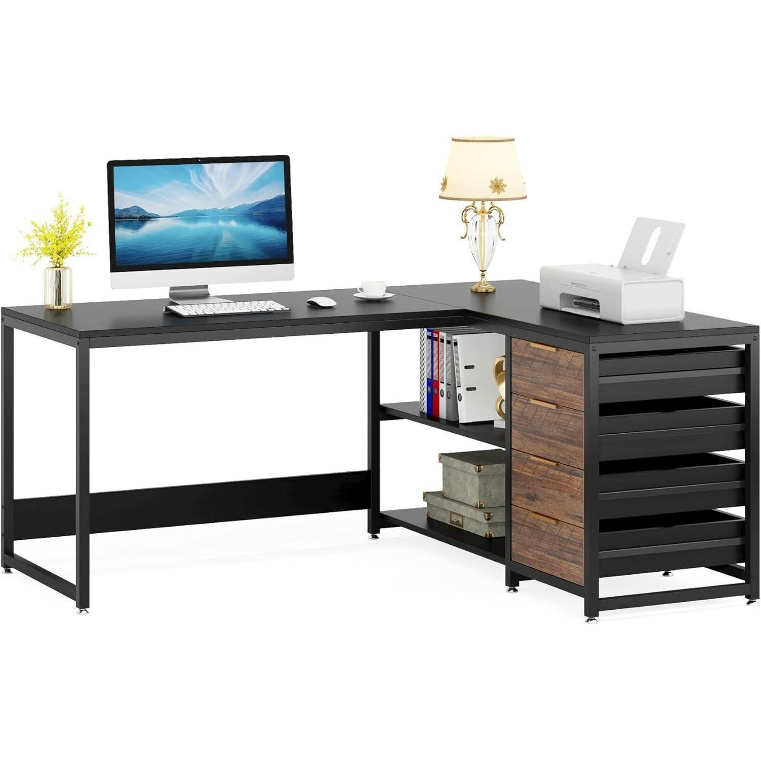 SCHREIBTISCH L-Form mit 4 Schubladen und 2 Ablagen 155 x 110 x 75 cm Schwarz - Multicolor, Holzwerkstoff (60/180/76cm)