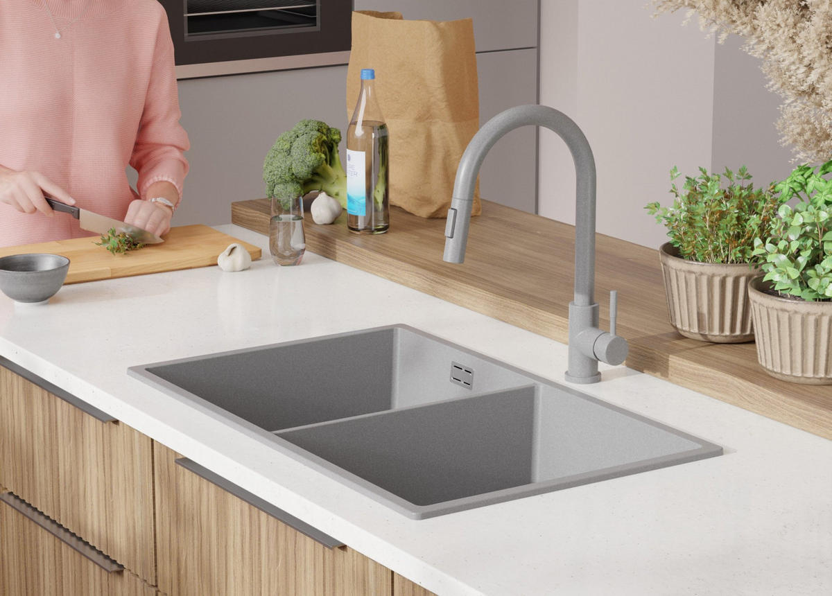 GRANITSPÜLE London Slim Twin, 2-er set Grau 76/47 cm 2 Becken + Küchenarmatur 40/20 cm + Ablauf-Set ab 80er Unterschrank - Chromfarben/Grau, Kunststoff (76/20/47cm) - Primagran