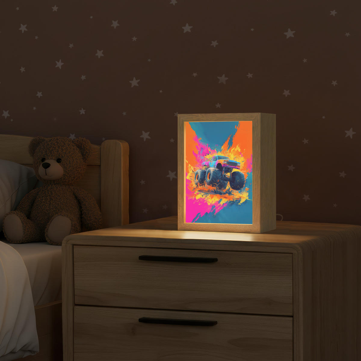 NACHTTISCHLAMPE Monstertruck - Abstrakt - Farbspritzer - Farbenfroh 15x20 cm - Pink, Holzwerkstoff (8/15/20cm)