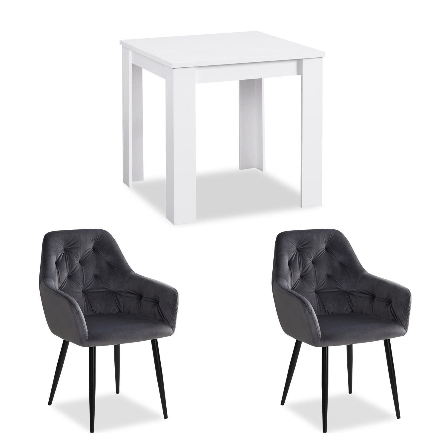 TISCHGRUPPE 80/80 cm weiß mit 2 Stühlen Samt Grau - Weiß/Grau, Holz/Textil (80/89/80cm) - Homestyle4u